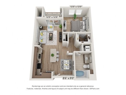 Floor plan for 1 bed, 1 bath, 724 sqft